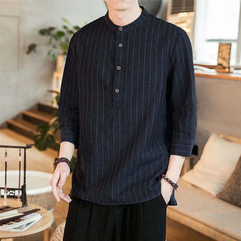 Buddha Stonesチェック柄 ハーフボタン スタンドカラー 七分袖 コットン メンズシャツ - image 1