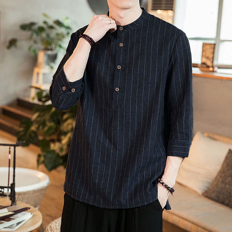 Buddha Stonesチェック柄 ハーフボタン スタンドカラー 七分袖 コットン メンズシャツ - image 2