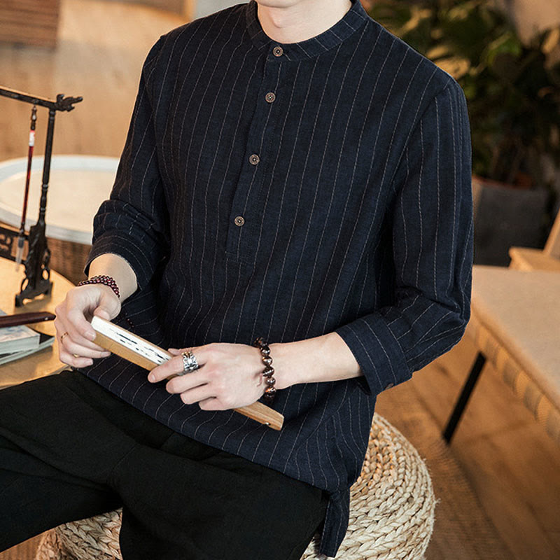 Buddha Stonesチェック柄 ハーフボタン スタンドカラー 七分袖 コットン メンズシャツ - image 7