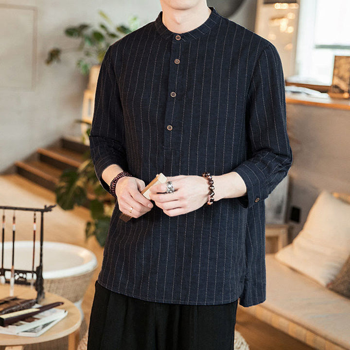 Buddha Stonesチェック柄 ハーフボタン スタンドカラー 七分袖 コットン メンズシャツ - image 4