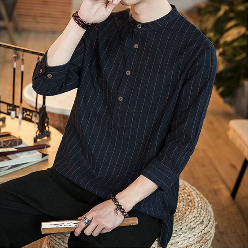 Buddha Stonesチェック柄 ハーフボタン スタンドカラー 七分袖 コットン メンズシャツ - image 8