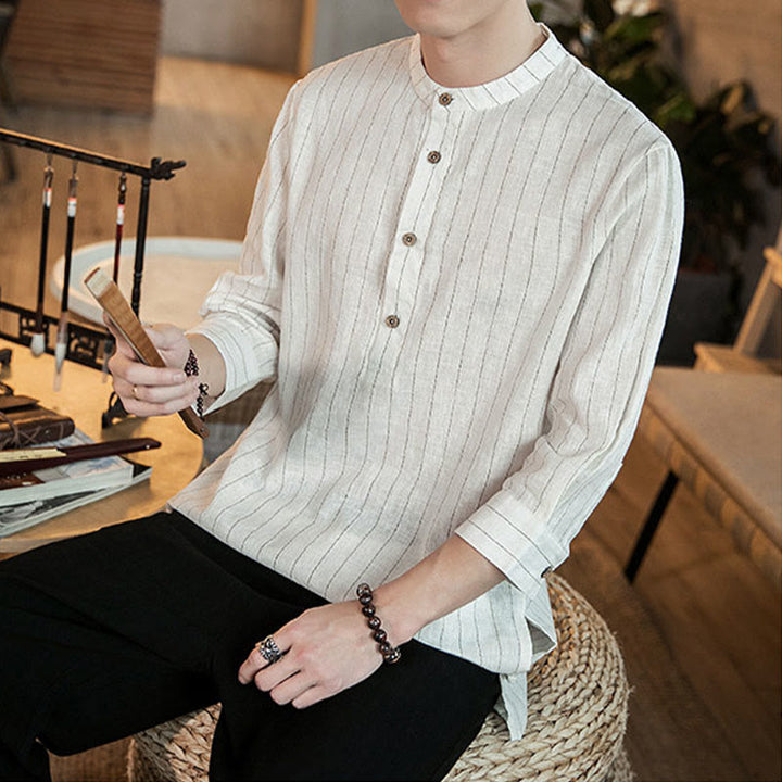 Buddha Stonesチェック柄 ハーフボタン スタンドカラー 七分袖 コットン メンズシャツ - image 16