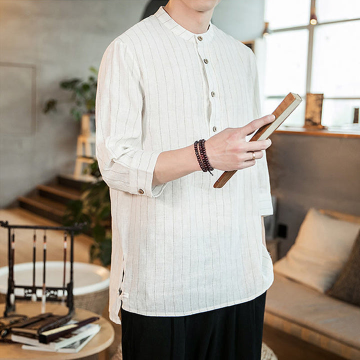 Buddha Stonesチェック柄 ハーフボタン スタンドカラー 七分袖 コットン メンズシャツ - image 13