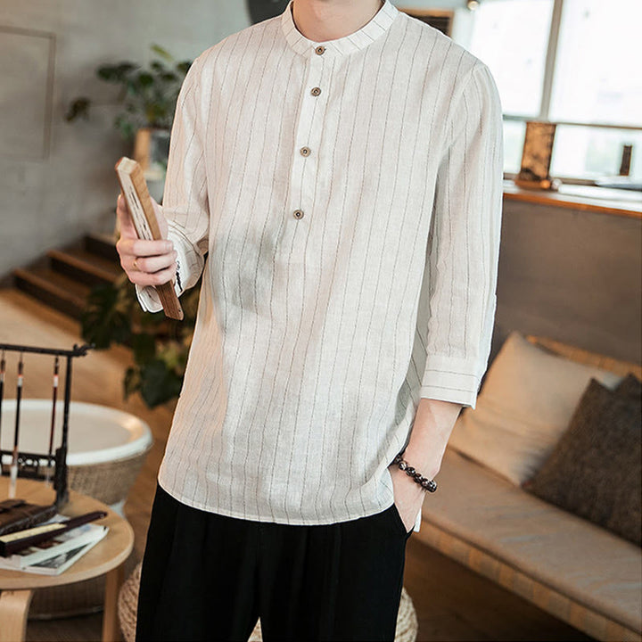 Buddha Stonesチェック柄 ハーフボタン スタンドカラー 七分袖 コットン メンズシャツ - image 11