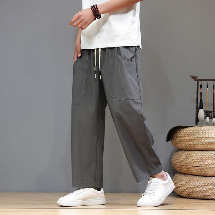 Buddha Stones夏用 無地 ドローストリング ストレートレッグ 7-8丈 メンズパンツ ポケット付き - グレー - US/UK/AU46、 EU56 (5XL) - image 8