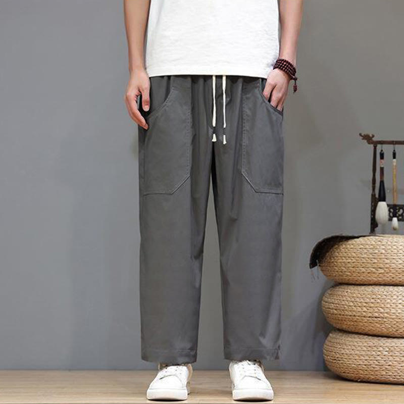 Buddha Stones夏用 無地 ドローストリング ストレートレッグ 7-8丈 メンズパンツ ポケット付き - image 9