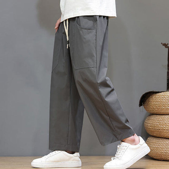 Buddha Stones夏用 無地 ドローストリング ストレートレッグ 7-8丈 メンズパンツ ポケット付き - image 11