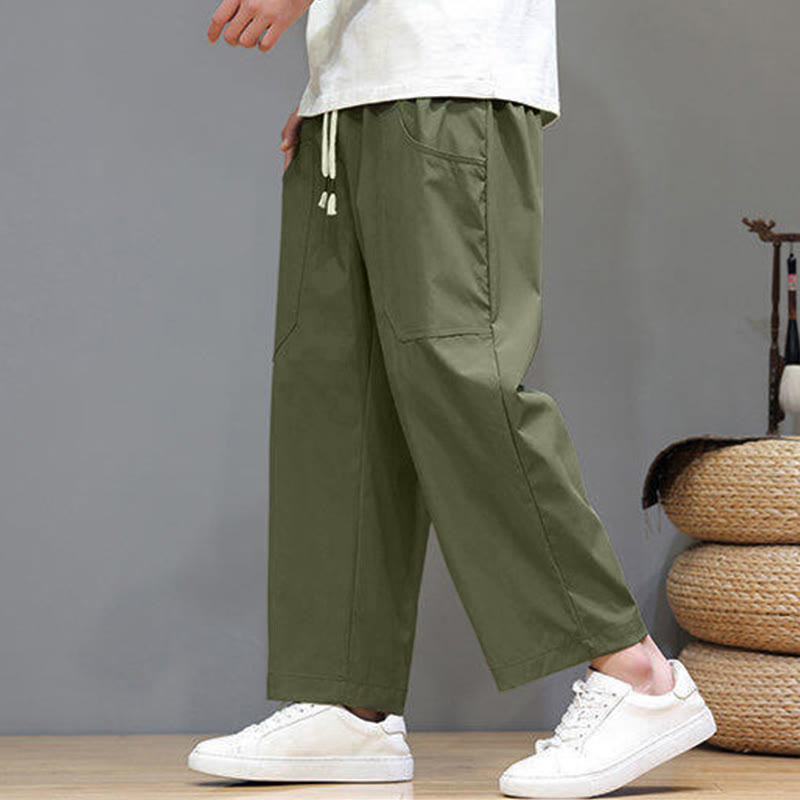 Buddha Stones夏用 無地 ドローストリング ストレートレッグ 7-8丈 メンズパンツ ポケット付き - image 5