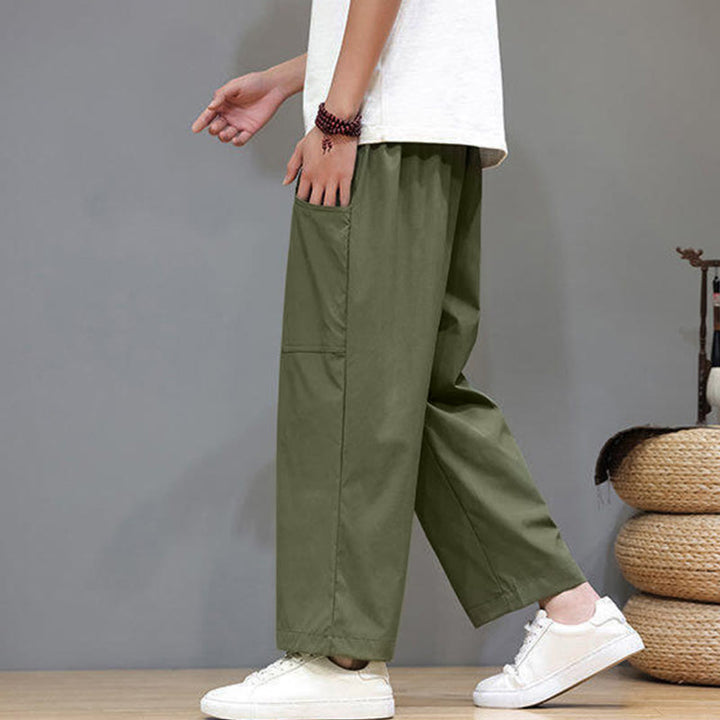 Buddha Stones夏用 無地 ドローストリング ストレートレッグ 7-8丈 メンズパンツ ポケット付き - image 4