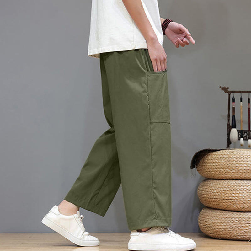 Buddha Stones夏用 無地 ドローストリング ストレートレッグ 7-8丈 メンズパンツ ポケット付き - image 3