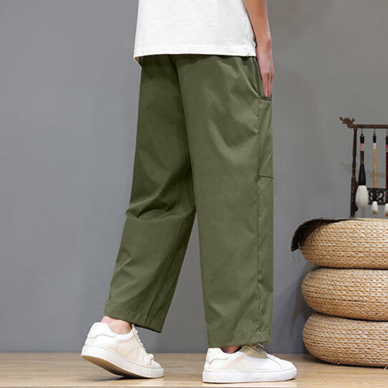 Buddha Stones夏用 無地 ドローストリング ストレートレッグ 7-8丈 メンズパンツ ポケット付き - image 6
