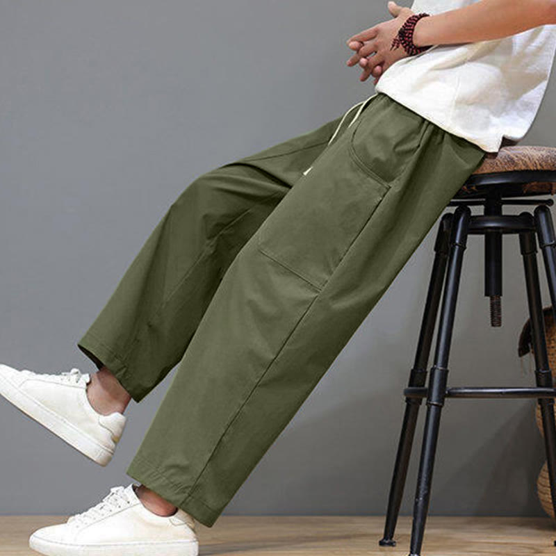 Buddha Stones夏用 無地 ドローストリング ストレートレッグ 7-8丈 メンズパンツ ポケット付き - image 7