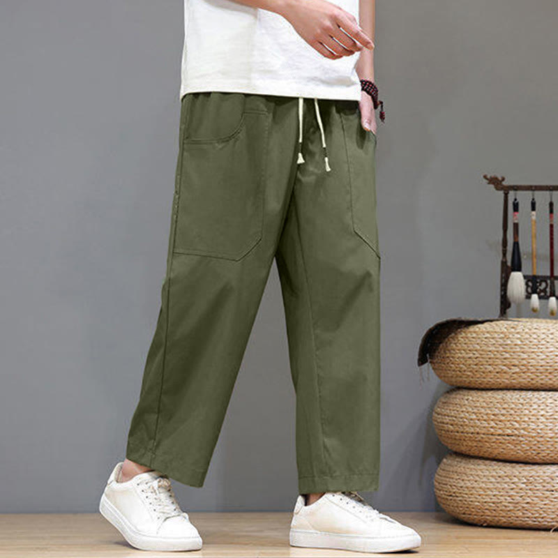 Buddha Stones夏用 無地 ドローストリング ストレートレッグ 7-8丈 メンズパンツ ポケット付き - image 2