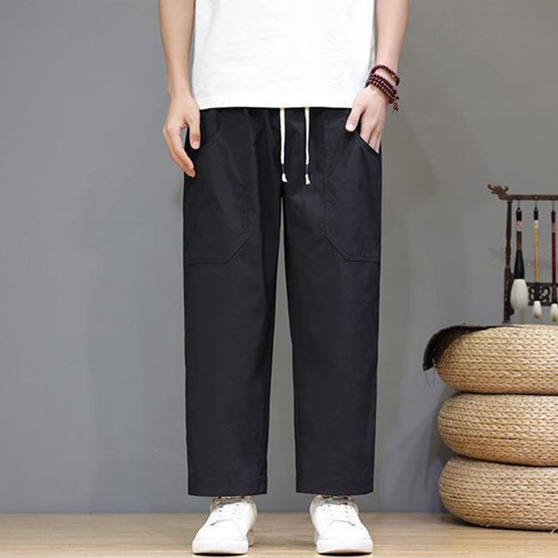 Buddha Stones夏用 無地 ドローストリング ストレートレッグ 7-8丈 メンズパンツ ポケット付き - image 17
