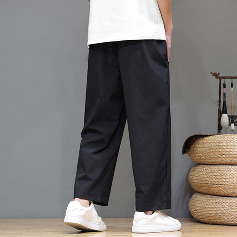 Buddha Stones夏用 無地 ドローストリング ストレートレッグ 7-8丈 メンズパンツ ポケット付き - image 20