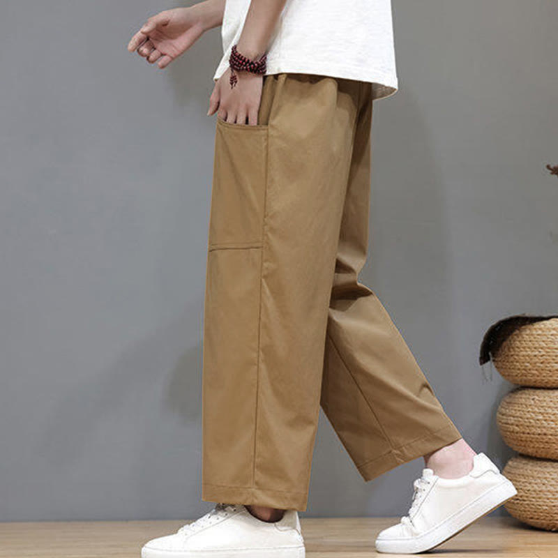 Buddha Stones夏用 無地 ドローストリング ストレートレッグ 7-8丈 メンズパンツ ポケット付き - image 28