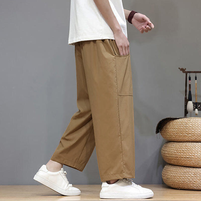 Buddha Stones夏用 無地 ドローストリング ストレートレッグ 7-8丈 メンズパンツ ポケット付き - image 26