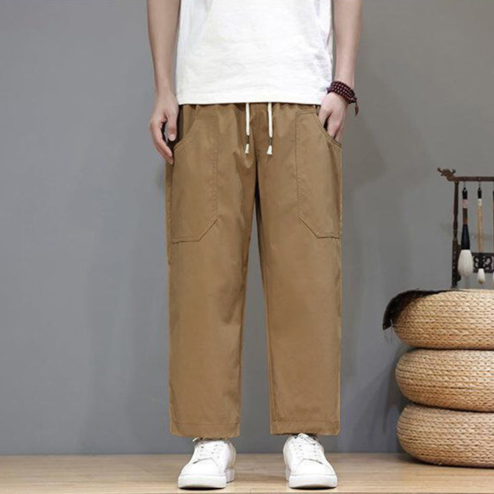 Buddha Stones夏用 無地 ドローストリング ストレートレッグ 7-8丈 メンズパンツ ポケット付き - image 25