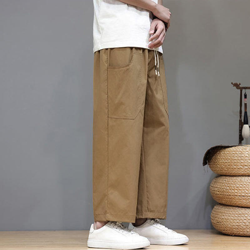 Buddha Stones夏用 無地 ドローストリング ストレートレッグ 7-8丈 メンズパンツ ポケット付き - image 29
