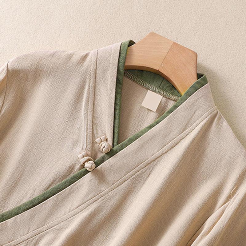 Buddha Stonesレトロ レースアップ フロッグボタンデザイン レディース 七分袖 コットンリネンシャツ - image 3