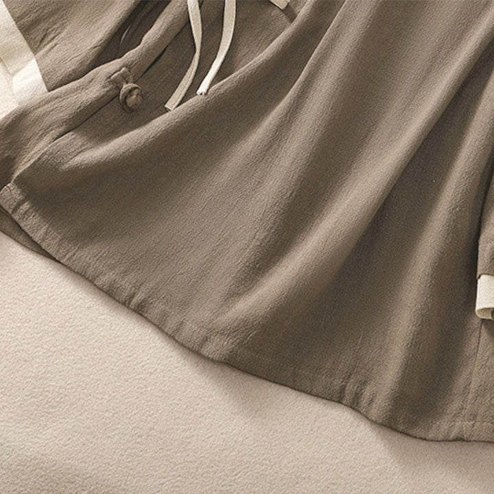 Buddha Stonesレトロ レースアップ フロッグボタンデザイン レディース 七分袖 コットンリネンシャツ - image 21