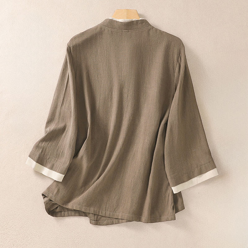 Buddha Stonesレトロ レースアップ フロッグボタンデザイン レディース 七分袖 コットンリネンシャツ - image 15