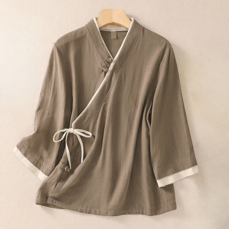 Buddha Stonesレトロ レースアップ フロッグボタンデザイン レディース 七分袖 コットンリネンシャツ - タン - US8-10，UK/AU12-14，EU40-42 (2XL) - image 14