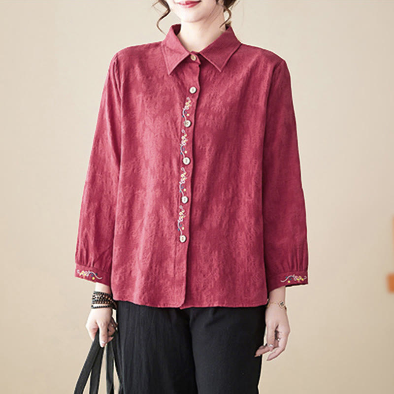 Buddha Stones春 無地 刺繍 花柄 ボタン レディース 長袖 コットン ラペルシャツ - image 24