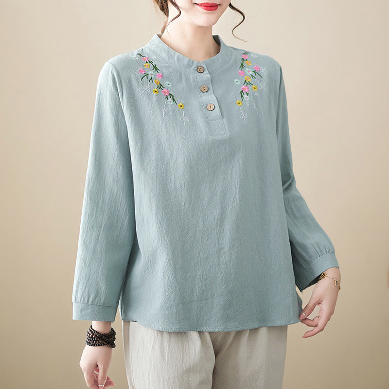 Buddha Stonesレディース 春 刺繍 花柄 スタンドカラー 長袖 コットンシャツ - ライトブルー - US12、 UK/AU16、 EU44 (3XL) - image 5