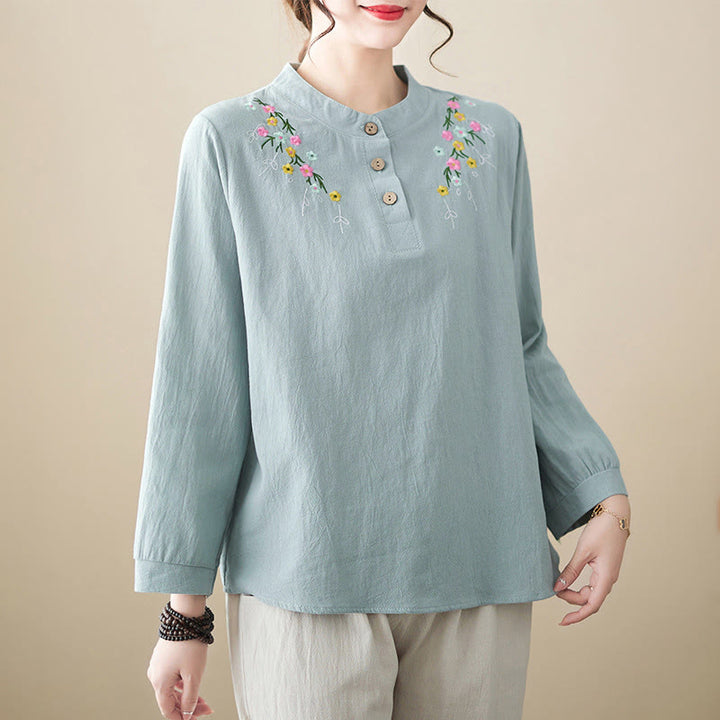 Buddha Stonesレディース 春 刺繍 花柄 スタンドカラー 長袖 コットンシャツ - ライトブルー - US12、 UK/AU16、 EU44 (3XL) - image 5