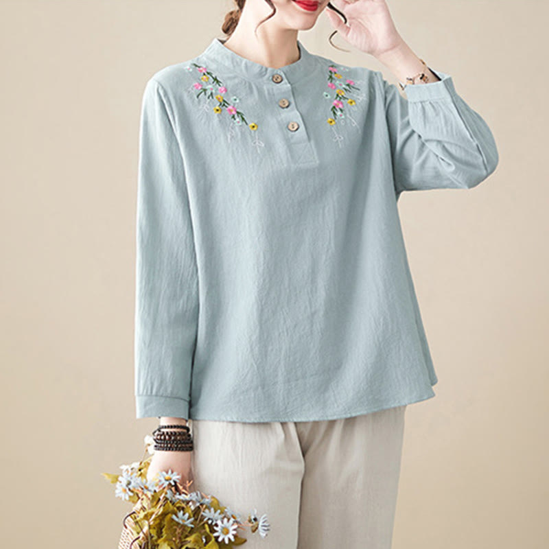 Buddha Stonesレディース 春 刺繍 花柄 スタンドカラー 長袖 コットンシャツ - image 8