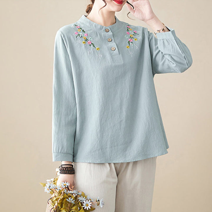 Buddha Stonesレディース 春 刺繍 花柄 スタンドカラー 長袖 コットンシャツ - image 8