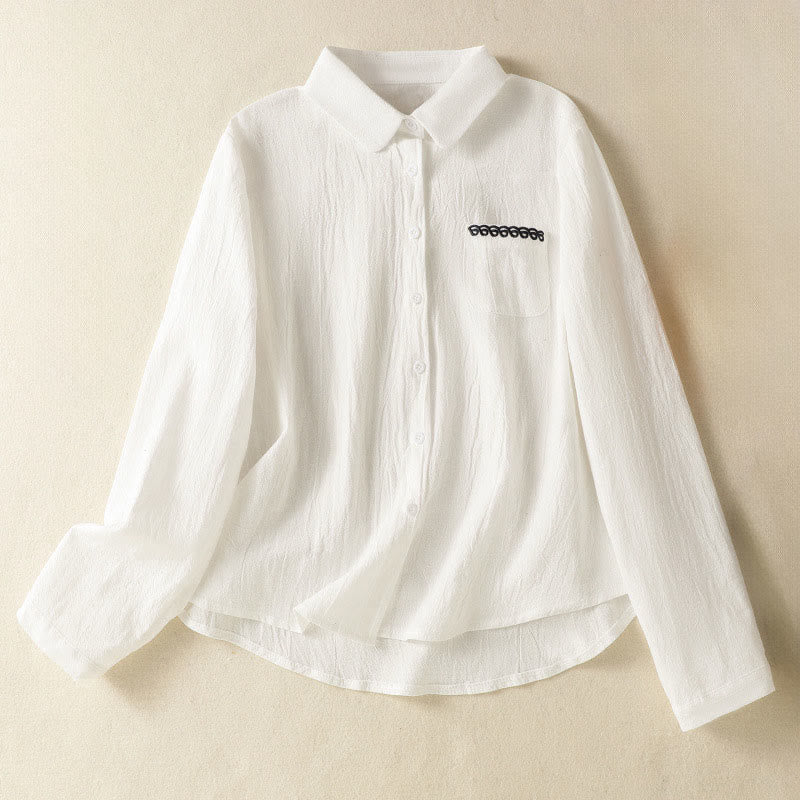 Buddha Stonesレディース 春 レトロ 無地 シンプル 刺繍 デザイン 長袖 コットン シャツ ポケット付き - 白 - US8-10，UK/AU12-14，EU40-42 (2XL) - image 8