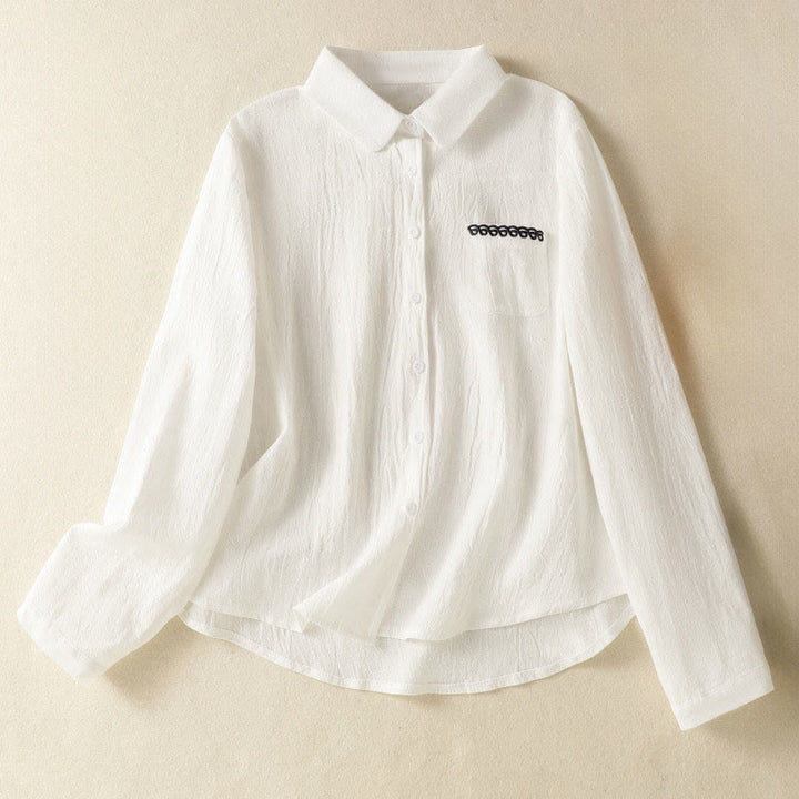 Buddha Stonesレディース 春 レトロ 無地 シンプル 刺繍 デザイン 長袖 コットン シャツ ポケット付き - 白 - US8-10，UK/AU12-14，EU40-42 (2XL) - image 8
