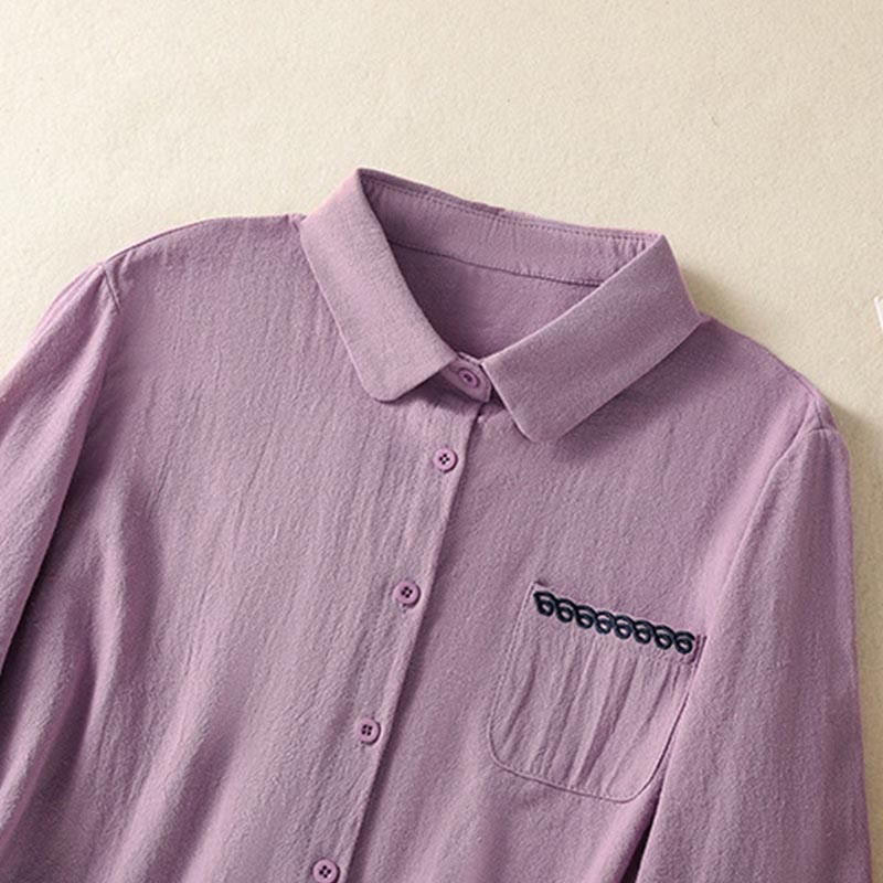 Buddha Stonesレディース 春 レトロ 無地 シンプル 刺繍 デザイン 長袖 コットン シャツ ポケット付き - image 2