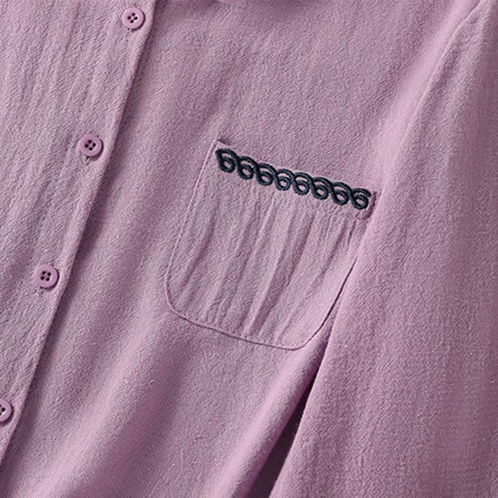 Buddha Stonesレディース 春 レトロ 無地 シンプル 刺繍 デザイン 長袖 コットン シャツ ポケット付き - image 4