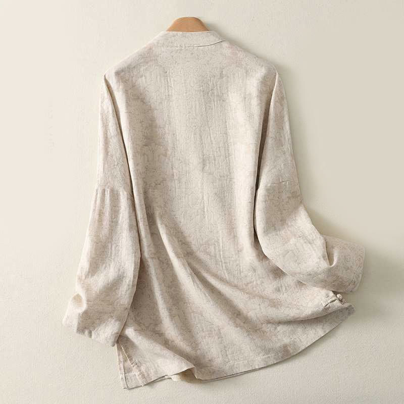 Buddha Stonesレディース 通勤用 テクスチャードパターン フロッグボタンデザイン 長袖 コットンリネンシャツ - image 1