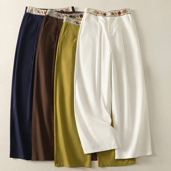 Buddha Stonesレディース 刺繍 伸縮性ウエストバンド ジッパーデザイン コットン ワイドレッグパンツ ポケット付き - image 0