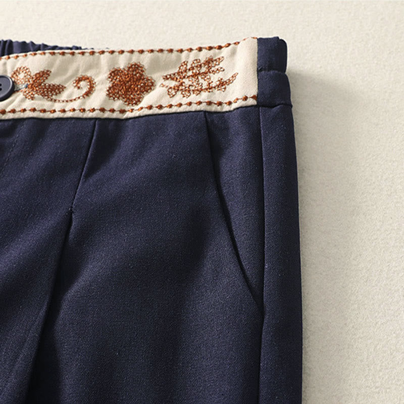 Buddha Stonesレディース 刺繍 伸縮性ウエストバンド ジッパーデザイン コットン ワイドレッグパンツ ポケット付き - image 18