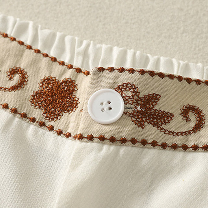 Buddha Stonesレディース 刺繍 伸縮性ウエストバンド ジッパーデザイン コットン ワイドレッグパンツ ポケット付き - image 3