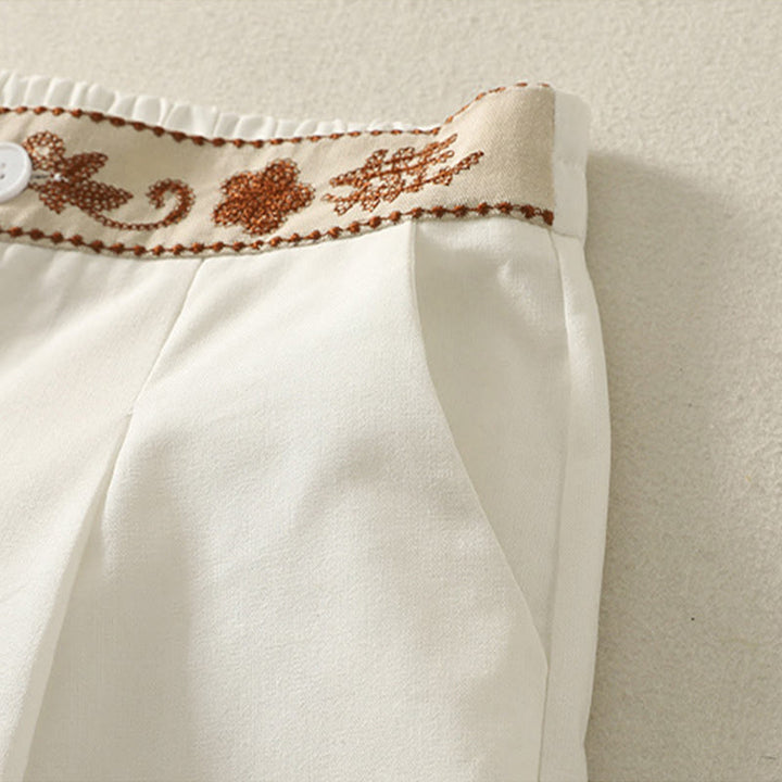 Buddha Stonesレディース 刺繍 伸縮性ウエストバンド ジッパーデザイン コットン ワイドレッグパンツ ポケット付き - image 5