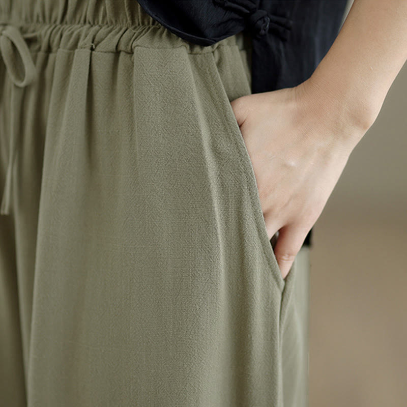 Buddha Stonesレディース ピュアカラー ドローストリング コットンリネン ワイドレッグ アンクル丈パンツ ポケット付き - image 7