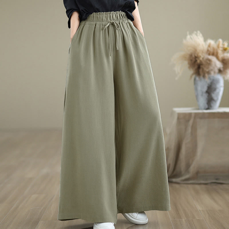 Buddha Stonesレディース ピュアカラー ドローストリング コットンリネン ワイドレッグ アンクル丈パンツ ポケット付き - image 1