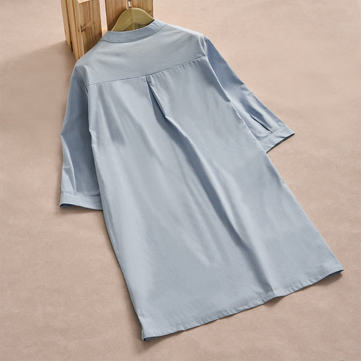 Buddha Stones秋冬 無地 ボタンデザイン 七分袖 コットン レディース ミディドレス ポケット付き - image 1