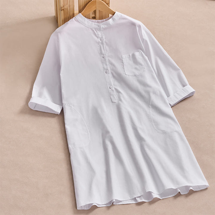 Buddha Stones秋冬 無地 ボタンデザイン 七分袖 コットン レディース ミディドレス ポケット付き - 白 - US14、 UK/AU18、 EU46 (2XL) - image 8