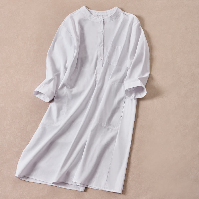 Buddha Stones秋冬 無地 ボタンデザイン 七分袖 コットン レディース ミディドレス ポケット付き - image 9