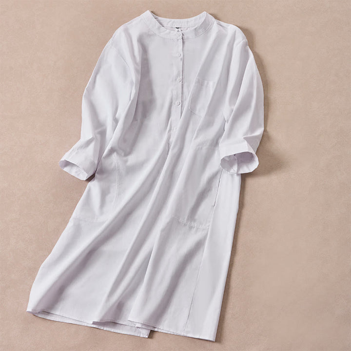 Buddha Stones秋冬 無地 ボタンデザイン 七分袖 コットン レディース ミディドレス ポケット付き - image 9