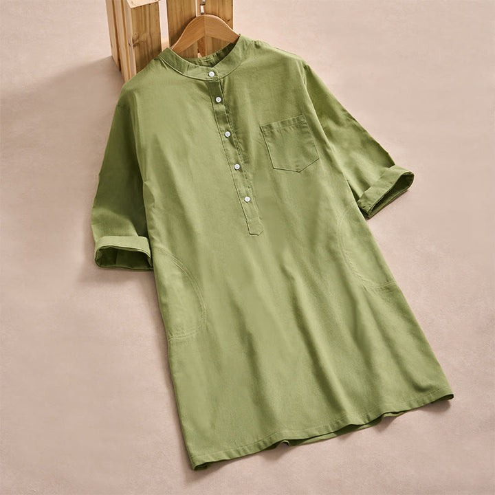 Buddha Stones秋冬 無地 ボタンデザイン 七分袖 コットン レディース ミディドレス ポケット付き - 黄緑 - US14、 UK/AU18、 EU46 (2XL) - image 6