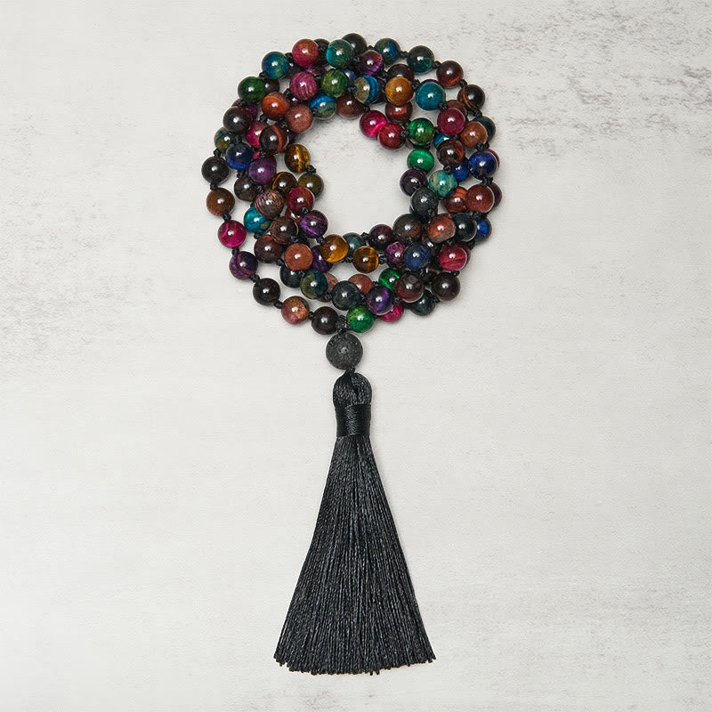 Buddha Stonesマルチカラー イエロータイガーアイ グリーンタイガーアイ ブルータイガーアイ レッドタイガーアイ ビーズタッセル 強さマーラー数珠 - タイガーアイ - image 0