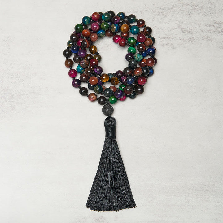 Buddha Stonesマルチカラー イエロータイガーアイ グリーンタイガーアイ ブルータイガーアイ レッドタイガーアイ ビーズタッセル 強さマーラー数珠 - タイガーアイ - image 0